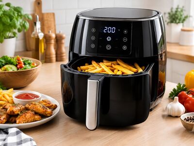air fryer, kitchen appliance, healthy cooking, fries, grilled chicken, modern kitchen, countertop, home cooking, fresh food, kitchen equipment, meal preparation, vegetables, garlic, colorful bell peppers, popular food, light meal, black, wooden sink, fresh salad, breakfast, sweetener