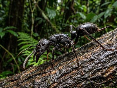 ant, bullet ant, sting, jaw, tree bark, rainforest, jungle, dangerous, toxic, armor, black, predator, macro photography, ant jaws, ant sting, nature, venom glands, symbiotic, ecosystem, protective, environment