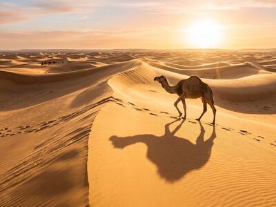 camel, desert, dune, sand, sahara, sun, heat, shadow, caravan, nature, camel ride, nomad, sky, dry, footprints, travel, evening, colors, desert landscape, adventure, silence