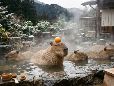 capybara, giant rodent, pool, japanese hot spring, nature, water, orange, relaxation, cute, japan, steam, peaceful, group, hot tub, relax, asian culture, outdoor bath, zen, thermal, harmony, wellness, meditation