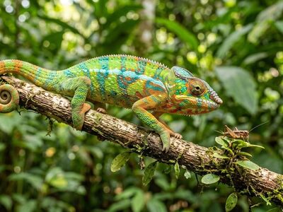 chameleon, lizard, reptile, branch, color change, green, camouflage, eyes, tail, skin, pattern, tropical, exotic, hunting, insect, jungle, alert, ecosystem, nature, wild, habitat