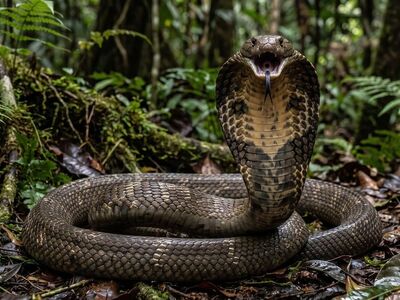 cobra, king cobra, snake, hood, scales, hiss, strike, dangerous, venomous, reptile, jungle, pattern, defense, alert, coiled, strike stance, wild, landscape, nature, animal