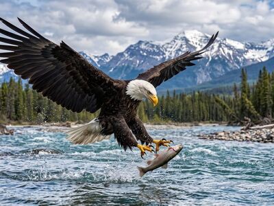 eagle, bald eagle, talons, river, flight, hunter, sky, wingspan, feathers, fishing, capture, nature, canada, wilderness, mountains, bird of prey, snow, prey, animal, wild