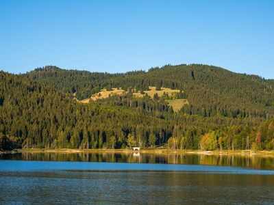 lake, forest, mountains, nature, reflection, tranquility, autumn, green, blue sky, eastern europe, recreation, calm water, hiking, view, summer day, cabin, sunny, few clouds, relaxation, wooden structure