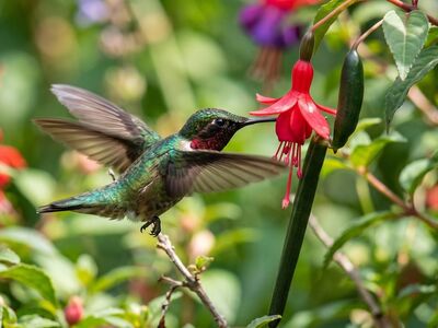 hummingbird, flower, nectar, flower wallpaper, hover, wings, flight, speed, macro, iridescent, garden, petal, tube, beautiful flowers, feeding, flower background, precision, blur, nature, pollination, wildlife, biodiversity