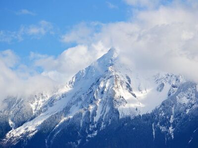 mountain, clouds, snow, trees, winter, nature, peak, vegetation, blue, mist, cold, precipitation, winter landscape, snow cover, frozen, windy, landscape, north, beauty