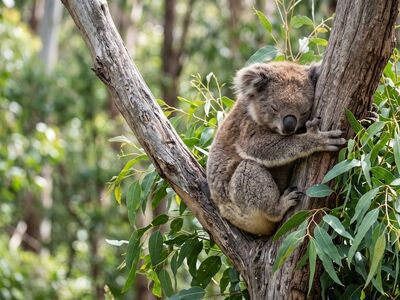 koala, bear, eucalyptus, tree, branch, leaves, sleeping, cute, marsupial, australia, wildlife, nature, furry, lazy, forest, climbing, outback, adorable, sleeping koala