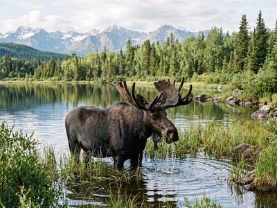 moose, lake, antlers, river, forest, mountain, grass, nature, wilderness, feeding, alaska, canada, wading, swamp, calm, reflection, scenery, light, shed