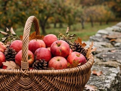 autumn, basket, apples, pine cones, stones, nature, decoration, countryside, mist, autumn leaves, outdoor, wall, harvest, wood, fall decor, walk, orange, yellow, fruit
