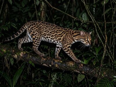 ocelot, pet, cat, spots, pattern, jungle, nature, rainforest, night, nocturnal, eyes, glow, stealth, predator, branch, forest, biotope, foliage, animal, wilderness, shoulder height, exotic, mysterious, natural