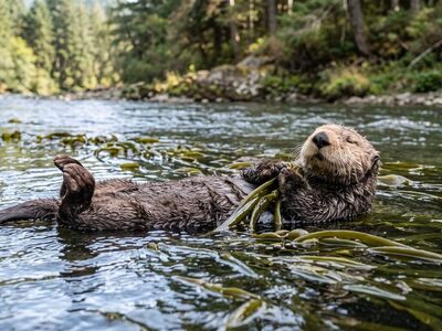 otter, sea otter, river, floating, back, water, kelp, cute, paws, holding hands, stream, fur, wet, playful, nature, resting, furry, aquatic animal behavior, forest river, resting area