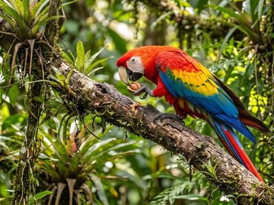 parrot, macaw, scarlet macaw, red, yellow, blue, feathers, jungle, rainforest, branch, beak, exotic, colorful, tropical, bird, eating, foliage, nature, animal, wild