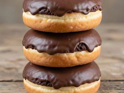 donut, chocolate, sweet, glaze, treat, baked, delicious, dessert, snack, confectionery, bakery, fresh, tasty, sweets, three layers, wood background, food photography, quick bite, favorite, pastry