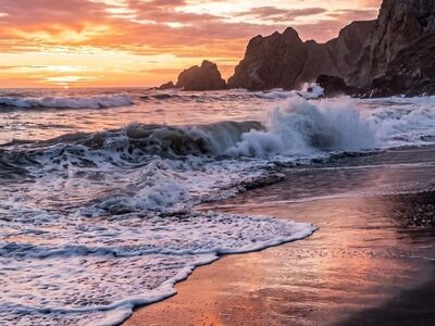 sunset, beach, ocean, waves, cliffs, coastline, nature, beautiful, colors, landscape, relaxation, breathtaking, serene, sand, photography, sun, evening light, tide, diffused light, calm