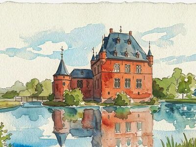 watercolor, art, castle, landscape, reflection, blue, lake, fortress, painting, red, tree, nature, drawing, architecture, historical, grass, mirroring, illusion, calm, magical