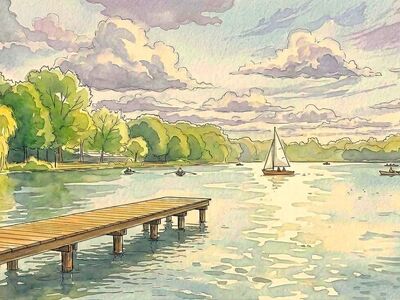 watercolor, landscape, lake, pier, sailboat, summertime, sun, water, peaceful, art, afternoon, tourism, sky, rowing boat, reflection, sunset, relaxation, nature, tree