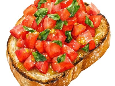 bruschetta, tomato, basil, toasted bread, italian cuisine, appetizer, natural, fresh, watercolor, cooking, breakfast dish, herb, summer dish, vegetarian, garnish, homemade food, food image, snack, artwork