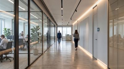 office, corridor, modern, glass doors, people walking, work environment, open office, employees, company, interior, marble floor, potted plants, lighting, workstations, daylight, working atmosphere, office furniture, corporate headquarters, corporate environment