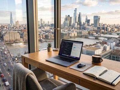 london, office, remote work, view, laptop, coffee cup, day, business, workspace, river, skyscraper, urban, desk, lighting, nature, daylight, sense of calm, reading, diary, outdoor view