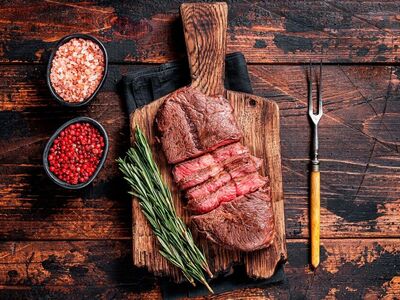 grilling, steak, grilled, meal, wooden board, rosemary, red pepper, pink salt, herbs, knife, fork, wood, spice, culinary, dining table, vintage, rustic, brown, meat