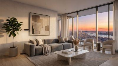 luxury apartment, city panorama, view of manhattan, floor-to-ceiling windows, gray sofa, marble coffee table, fiddle leaf fig, abstract art, modern interior, golden hour, wall art, vase with pampas grass, high-rise building, comfortable living room, urban lifestyle, minimalist design, high-quality furniture, designer furniture, silhouette