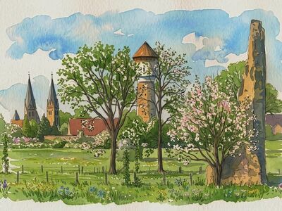 landscape, watercolor, painting, flower background, flower wallpaper, art, beautiful flowers, blue, tower, region, tree, church, germany, church spire, water, flower, spring, snow, nature, architecture, ruin, panorama, pastel color