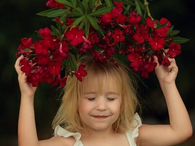 child, flowers, red flowers, oleander, nature, girl, happy, green, outdoors, smile, trees, flower wallpaper, childhood, beautiful flowers, summery, flower background, joy, love, playful, innocent, eyes closed, youth