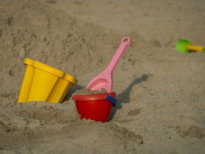 beach, sand, shovel, toy, bucket, summer, play, vacation, sand play, colorful, child, fun, children's entertainment, playground, game, leisure, outdoors, relaxation, rest, fun activity, outdoor games