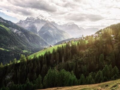 mountains, nature, forest, village, alps, panorama, green, scenery, fresh air, view, cable cars, alpine architecture, sunshine, grass, dawn, hills, europe, rural, summer, mountain hiking