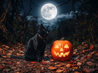 black cat, pumpkin with carved face, full moon, autumn leaves, halloween, autumn, landscape photography, spooky, traditional festivity, night, paranormal, dark forest, autumn evening, mysterious, magical, cloudy sky, scarecrow, rustling