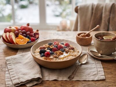 oatmeal, breakfast, healthy, berries, fruit, porridge, honey, nutrition, organic, diet, tea, wellness, homemade, fresh, superfood, nuts, cozy, healthy food, teaspoon, antique table, spices