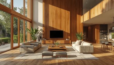 ai generated, luxury, house, interior, living room, design, wooden, modern, plants, light, open space, glass windows, minimalism, comfort, television, furniture, decoration, nature, luxury living room, glass doors, upholstered furniture, bright interior