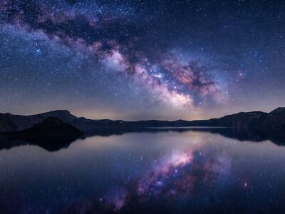 milky way, crater lake, galaxy, astrophotography, night sky, reflection, nebula, stars, landscape, cosmos, astronomy, horizon, universe, purple, nature, tranquil, scenic, mountains, darkness, outer space