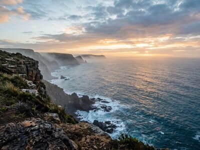 cliffs, ocean, sunset, coast, sea, rocks, horizon, waves, landscape, adventure, view, twilight, water, shoreline, scenery, travel, maritime, mist, geology, nature