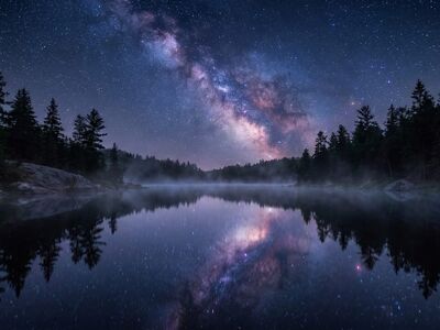 milky way, lake, reflection, night sky, astrophotography, stars, forest, mist, nature, cosmos, sky, galaxy, landscape, pine trees, wilderness, tranquil, astronomy, outdoors, scenic, horizon