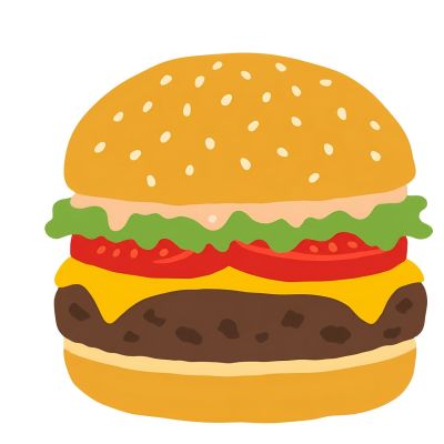 hamburger, cheese, tomato, lettuce, sesame seed, bun, fast food, sandwich, food, lunch, dinner, graphic, menu, delicacy, favorite, food icon, tasty, nourishment, cartoon