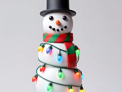 snowman, hat, carrot, christmas lights, red scarf, winter decoration, snowfall, fun, joy, tradition, winter, festive, cute, carnival, cheerful, flash, rendering, black and white, artwork, merry christmas