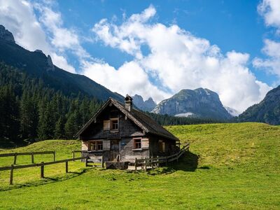 switzerland, nature, landscape, mountains, alps, clouds, cabin, grass, trees, pasture, cottage, fence, idyllic, wood, morning, green, blue sky, hiking, peaceful, countryside