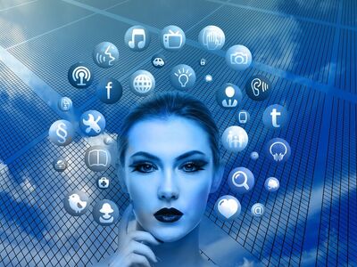 woman, nature, face, social media, thoughts, head, applications, apps, social media applications, icons, circle, tree, networks, internet, social, social network, facebook, google, social networking, networking, multimedia, blue