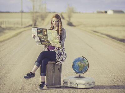 globe trotter, traveller, globe, map, journey, planning, waiting, female, woman, world map, world, road, dirt road, travel, traveling, outdoors, young woman