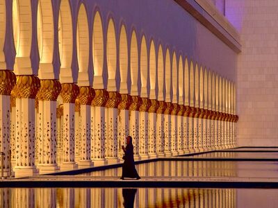 mosque, abu dhabi, architecture, orient, nature, water
