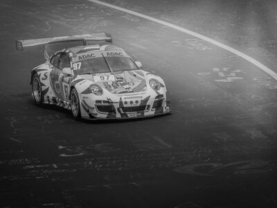 car racing, race car, race track, motorsport, racing, fog, black and white