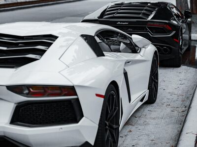 super cars, luxury cars, lamborghini, corvette, black car, white car, sports cars, exotic cars, car photography, daytime, parked cars, black lamborghini, white lamborghini, black corvette, high-end vehicles, automobile, car collection, outdoor, sunny day