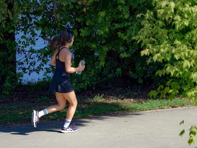 girl, running, alley, park, lake, nature, water, trees, sports, recreation, lifestyle
