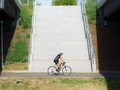 bicyclist, man, beard, running, bike, alley, bridge, stairs, naturally, parka, sports, health, lifestyle, helmet