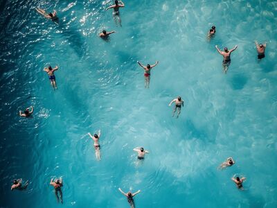 swimming pool, nature, swimmers, summer, water, aerial view, fun, relaxation, leisure, vacation, sunny day, splash, active lifestyle, swimming, outdoors, pool party, blue water, sports, healthy living