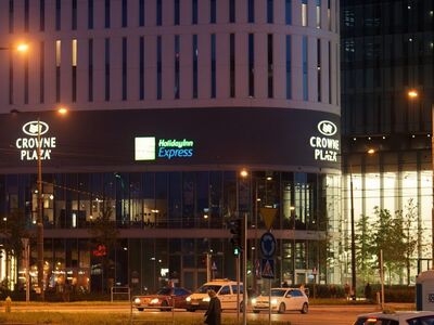 cityscape, evening, buildings, lights, cars, metropolis, advertising, shops, people, street, urban