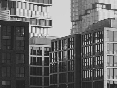 skyscrapers, city, office building, black-and-white, black and white photo, glass facades, urban, architecture, road