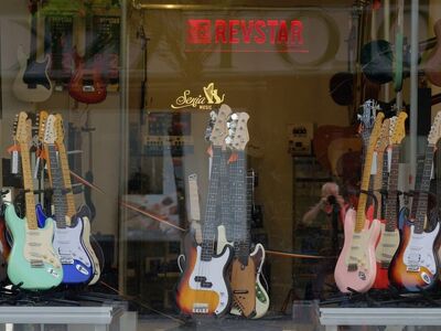 showcase, shop, musical instrument, guitar, electric, exposed, advertising, attraction, urban, music