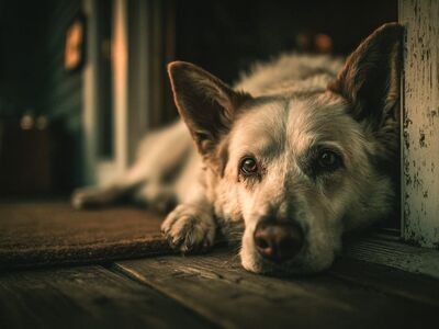 dog, pet, lying, rest, shallow focus, natural light, wood floor, interior, domestic, home, look, expression, company, serenity, animal, faithfulness, animal photography, depth of field, soft light, intimacy, foreground, Valpuiseaux, France, Île-de-France